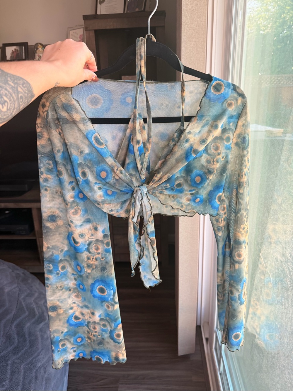 Cider Blue and Green Floral Tie-Front Mesh Crop Top